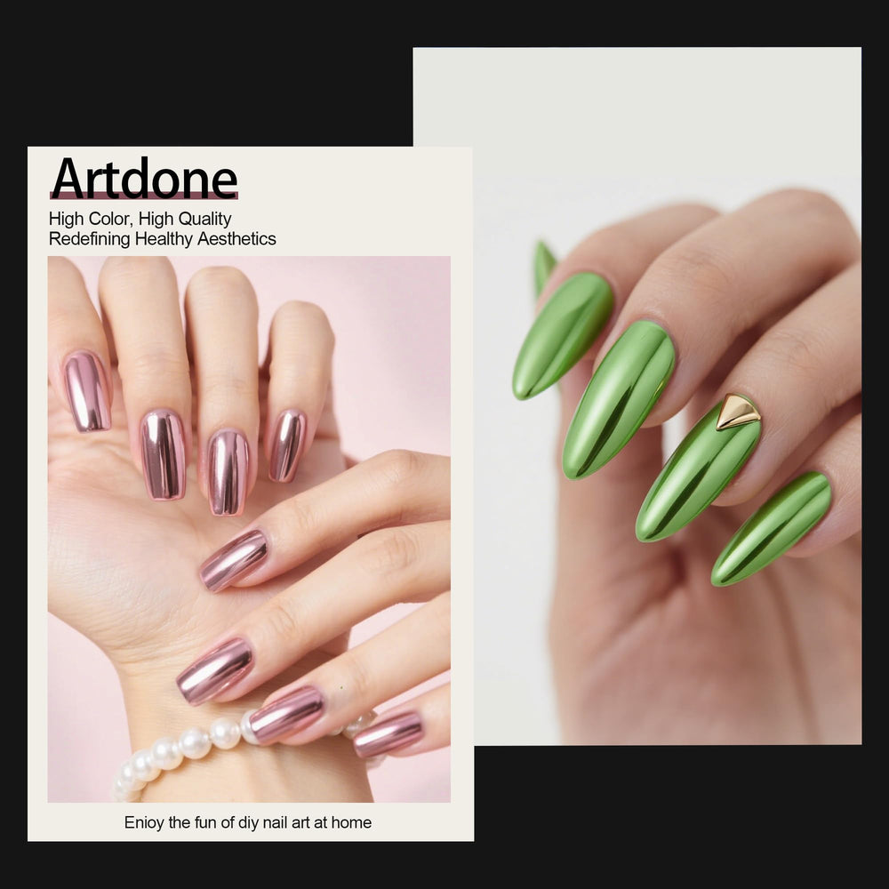 Artdone applied on gel nail demonstrating mirror chrome finish benefit