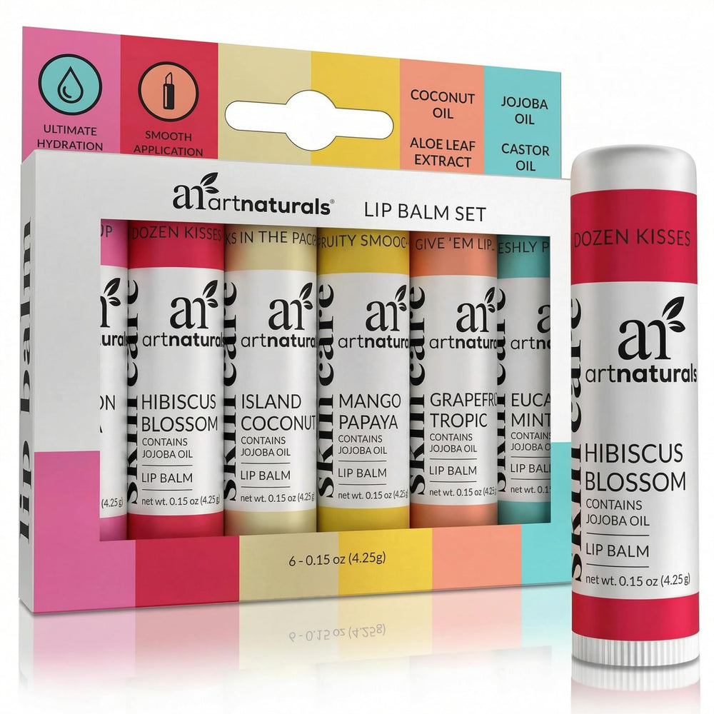 ArtNaturals front packaging showing six beeswax lip balms and gift-ready appeal