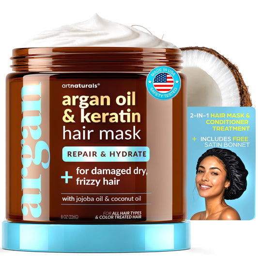 ArtNaturals front packaging showing mask jar and satin bonnet, clear product presentation and benefit