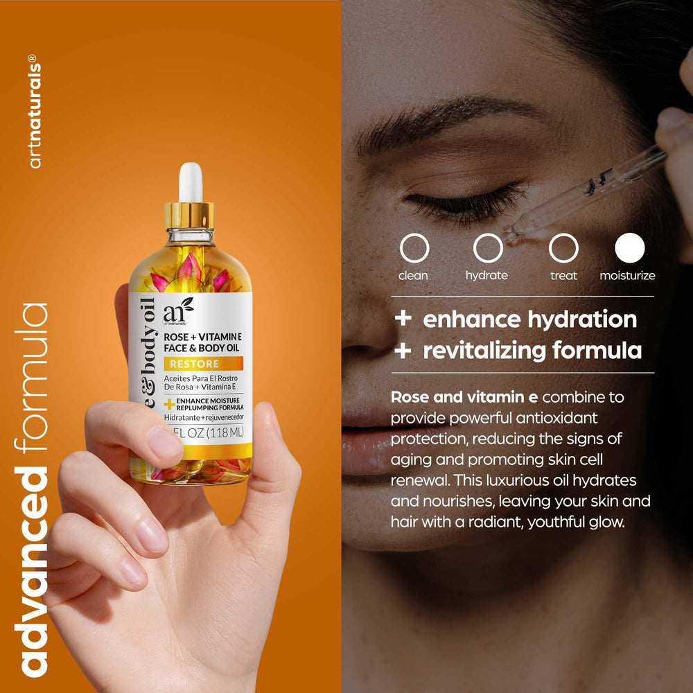 Artnaturals label close-up highlighting organic rose and vitamin E benefits