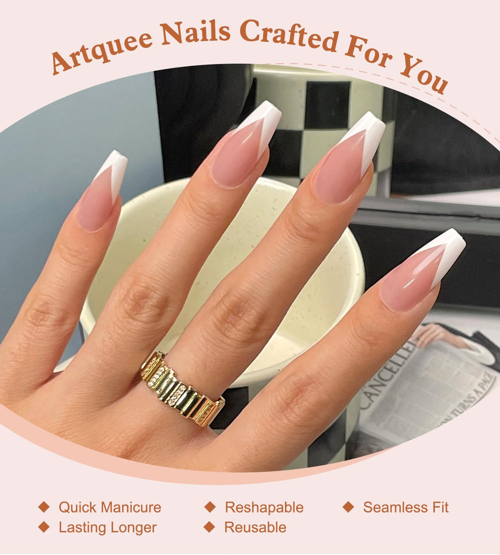 Artquee close-up of V French tip highlighting glossy salon finish
