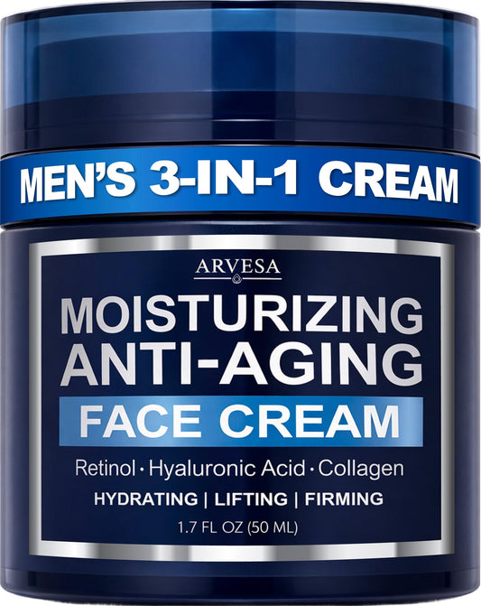 Arvesa front jar of men's face moisturizer showing product and brand benefits