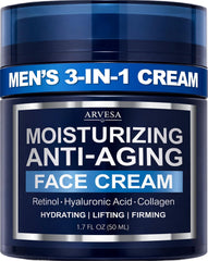 Arvesa front jar of men's face moisturizer showing product and brand benefits