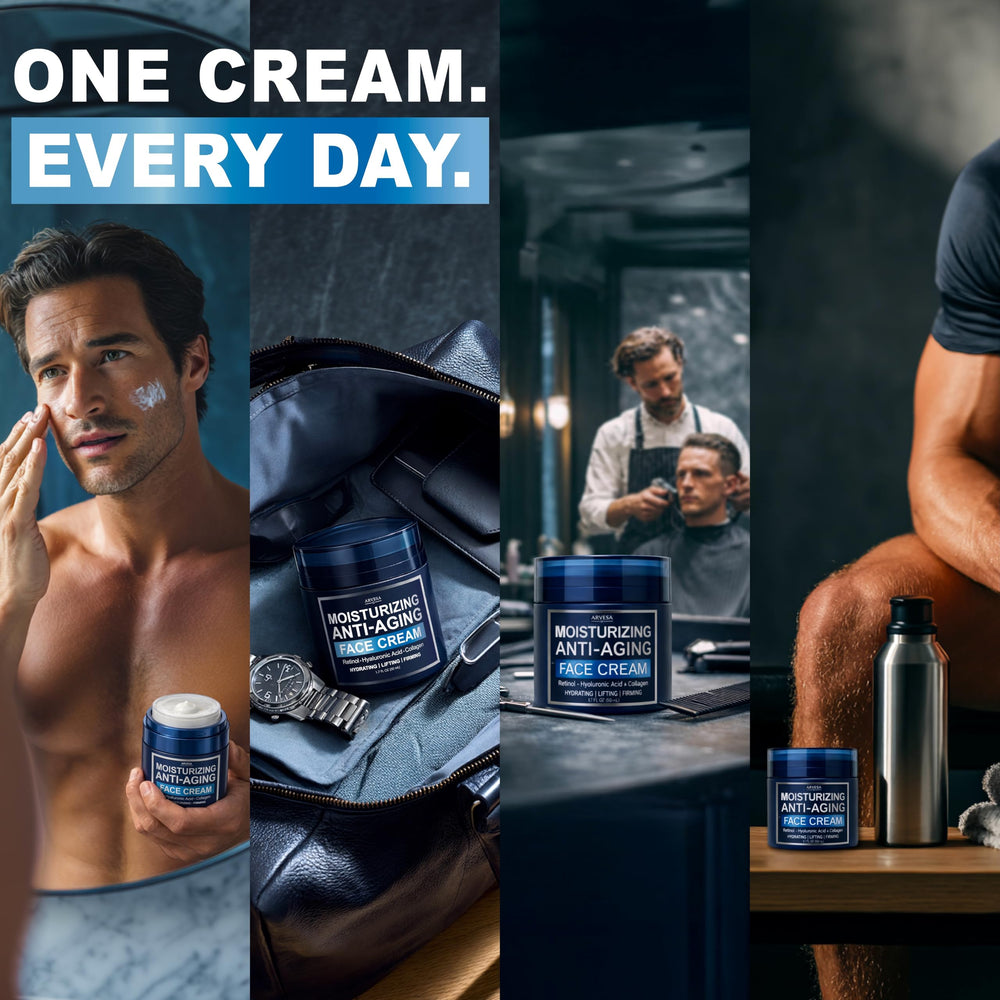 Arvesa lifestyle shot of man applying cream outdoors for refreshed appearance