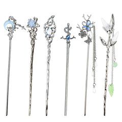 Arvintas front view of six hair sticks showing celestial designs and neat packaging benefit style