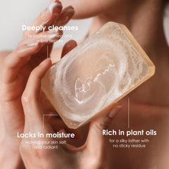 ARWIN soap close-up transparent bar texture, highlights gentle hydration