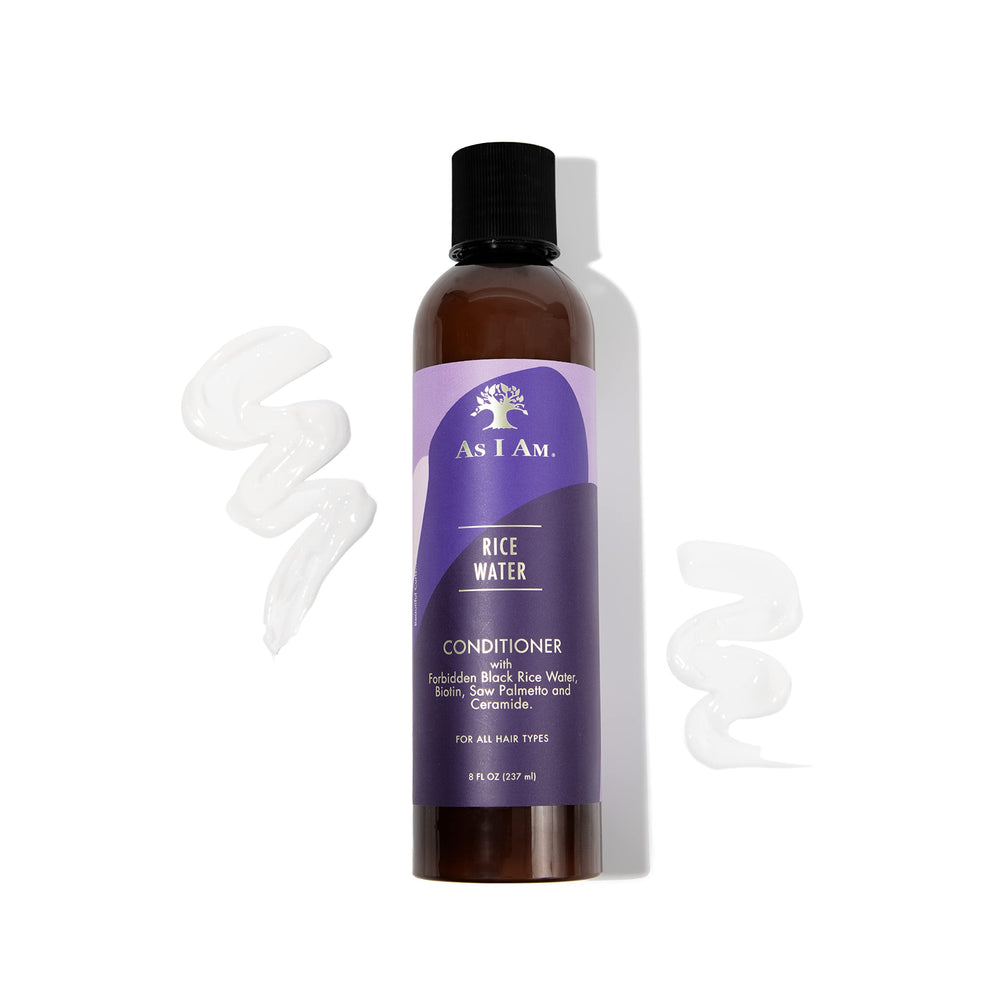 As I Am conditioner label close-up highlighting rice water and strengthening benefits