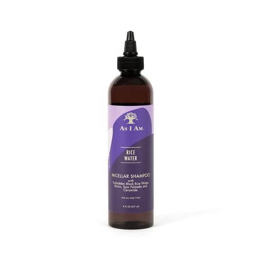As I Am rice water shampoo front 8 oz bottle showing clean packaging and benefit
