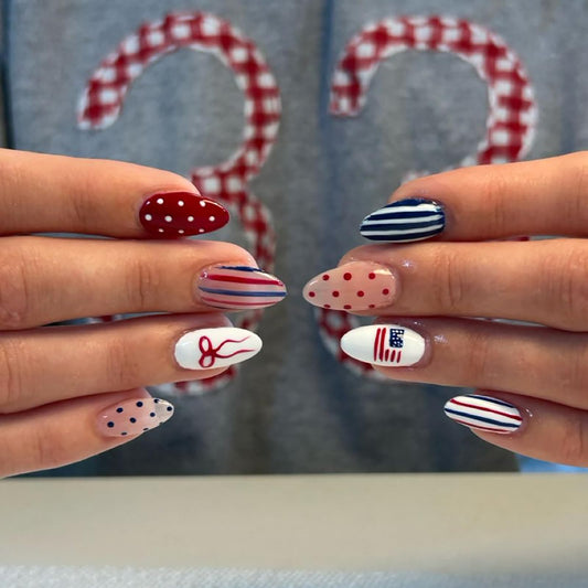 ASABITE front packaging showing 24 patriotic press on nails and included tools for easy application