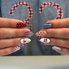 ASABITE front packaging showing 24 patriotic press on nails and included tools for easy application