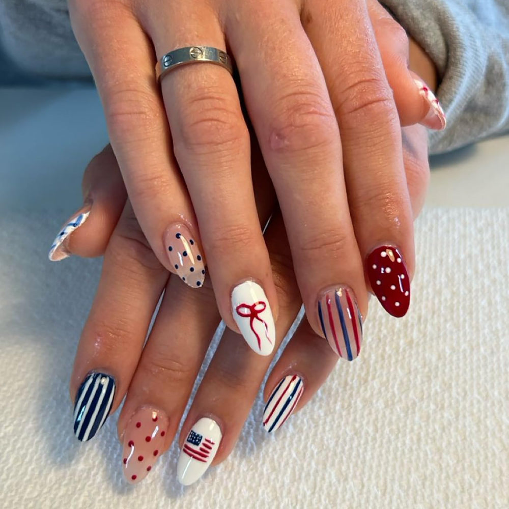 ASABITE detailed view of stars, stripes, bows and polka dot patterns showing festive design