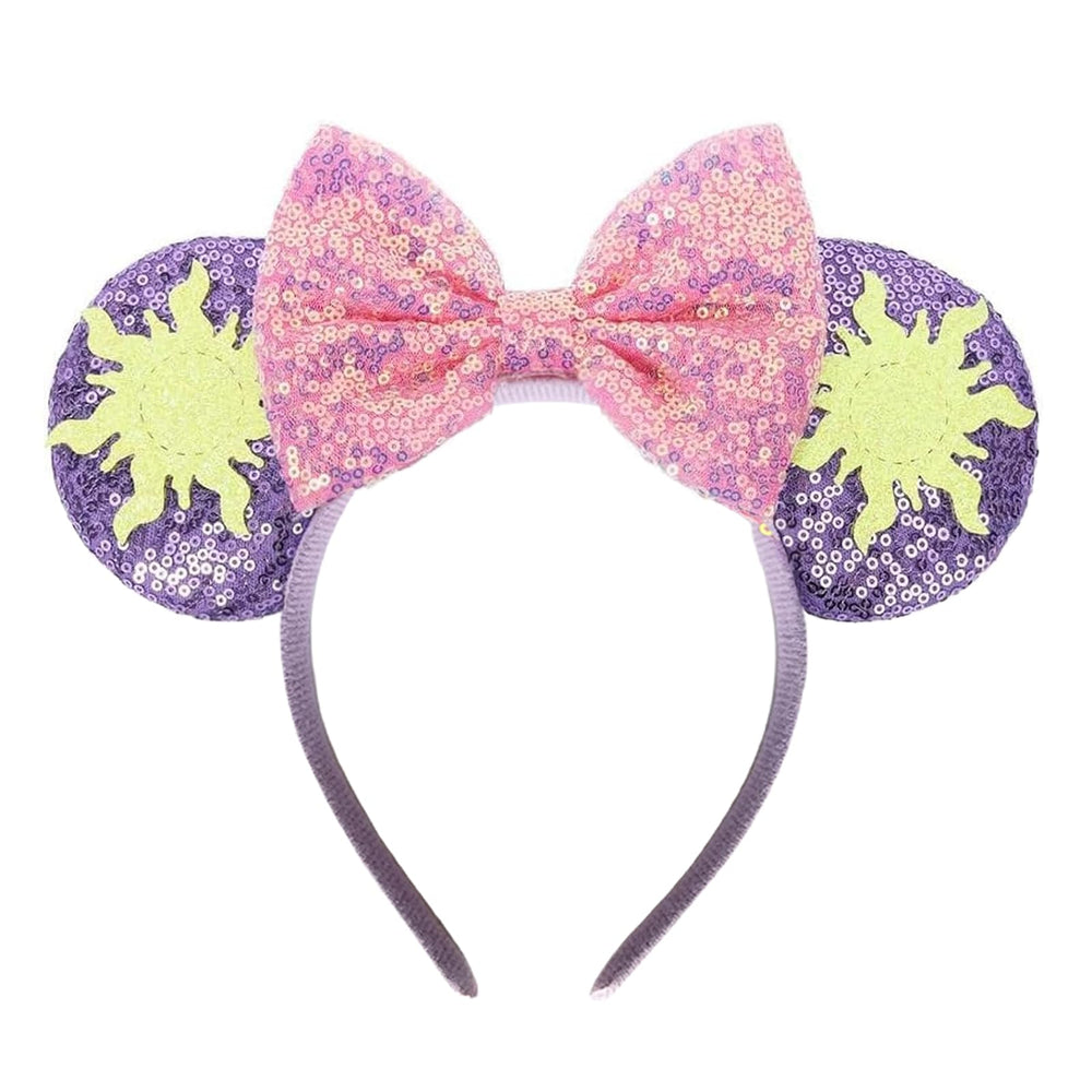 ASAHEL purple mouse ears front view showing shiny bow and durable band, good for parties