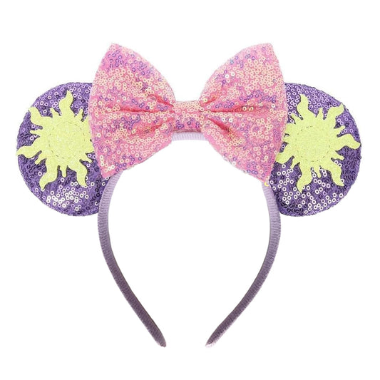 ASAHEL purple mouse ears front view showing shiny bow and durable band, good for parties