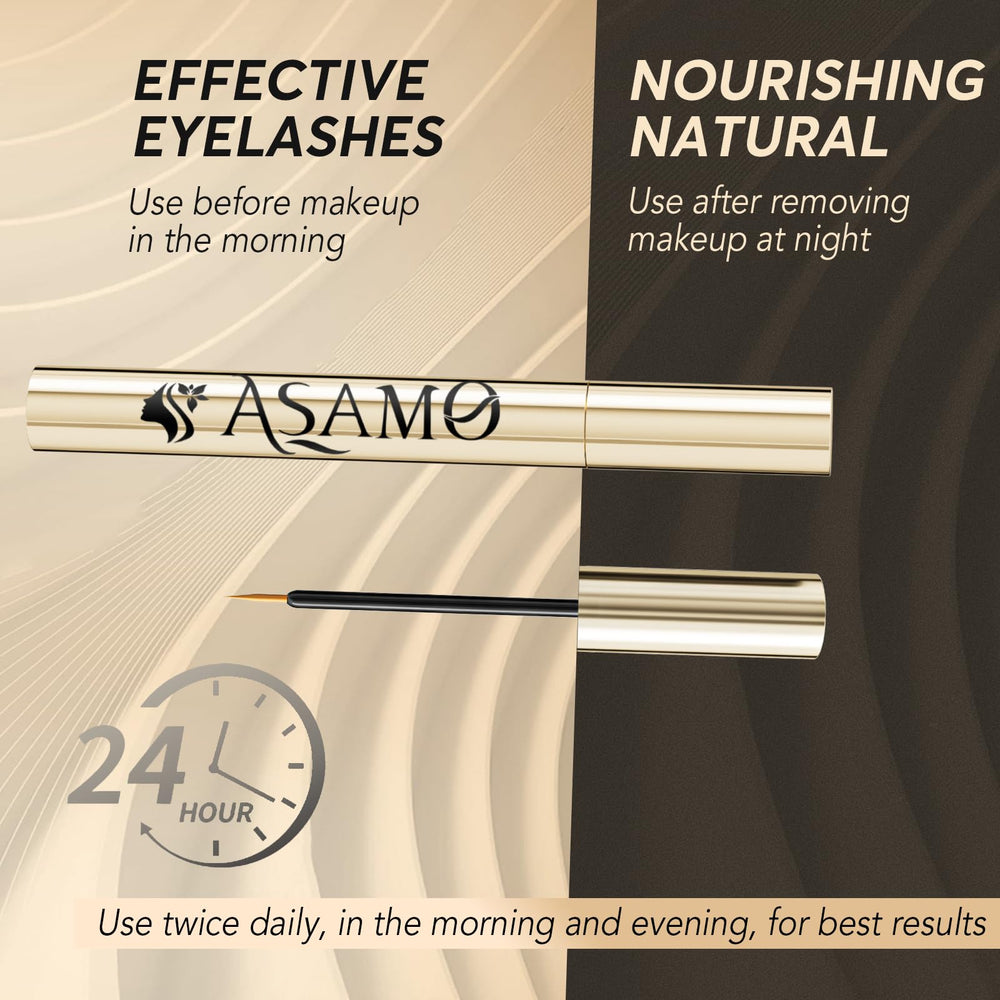 ASAMO illustrative before and after lashes showing fuller, longer look