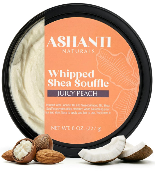 Ashanti Naturals jar front shows branding and peach souffle scent benefits