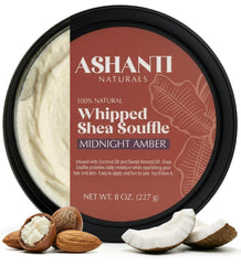 Ashanti Naturals jar front view showing Midnight Amber Soufflé and packaging benefits