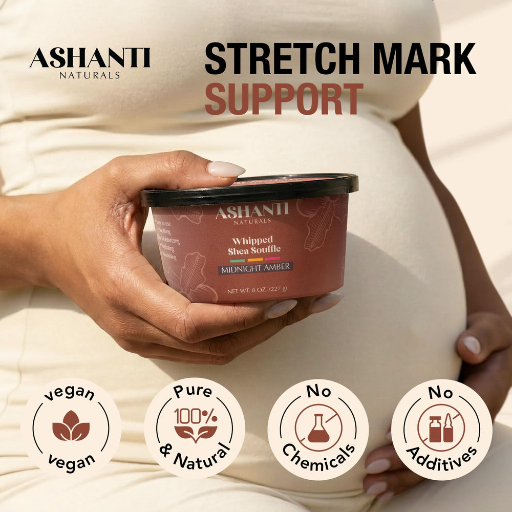 Label close-up of Ashanti Naturals Midnight Amber showing ingredient clarity benefit