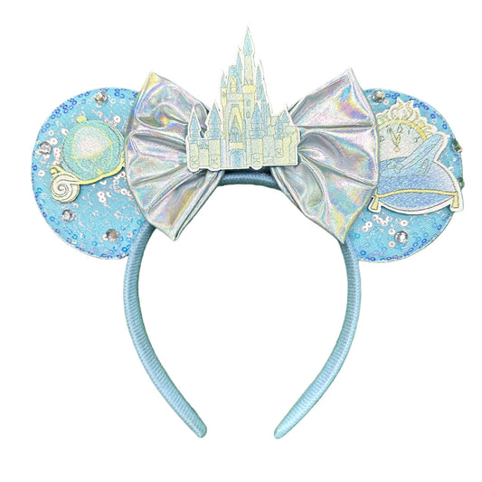 ASHONE front view blue mouse ears headband showcasing shiny bow and neat finish for photo-ready style