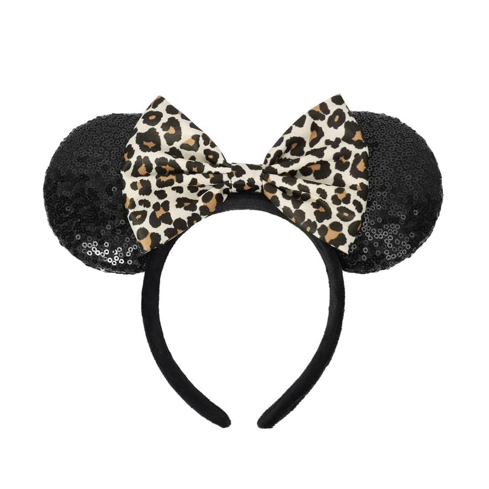 ASHONE leopard headband front view showing ears and shiny bow, perfect for parties