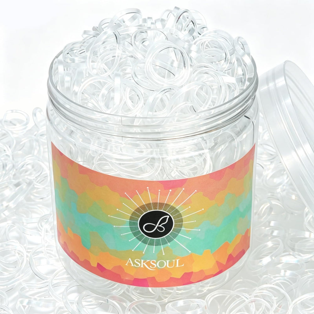 Asksoul front can showing 1000 clear hair ties, convenient storage benefit