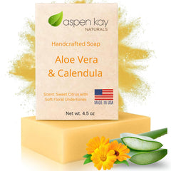 Aspen Kay Naturals front packaging showing aloe and calendula, clear organic branding and benefit