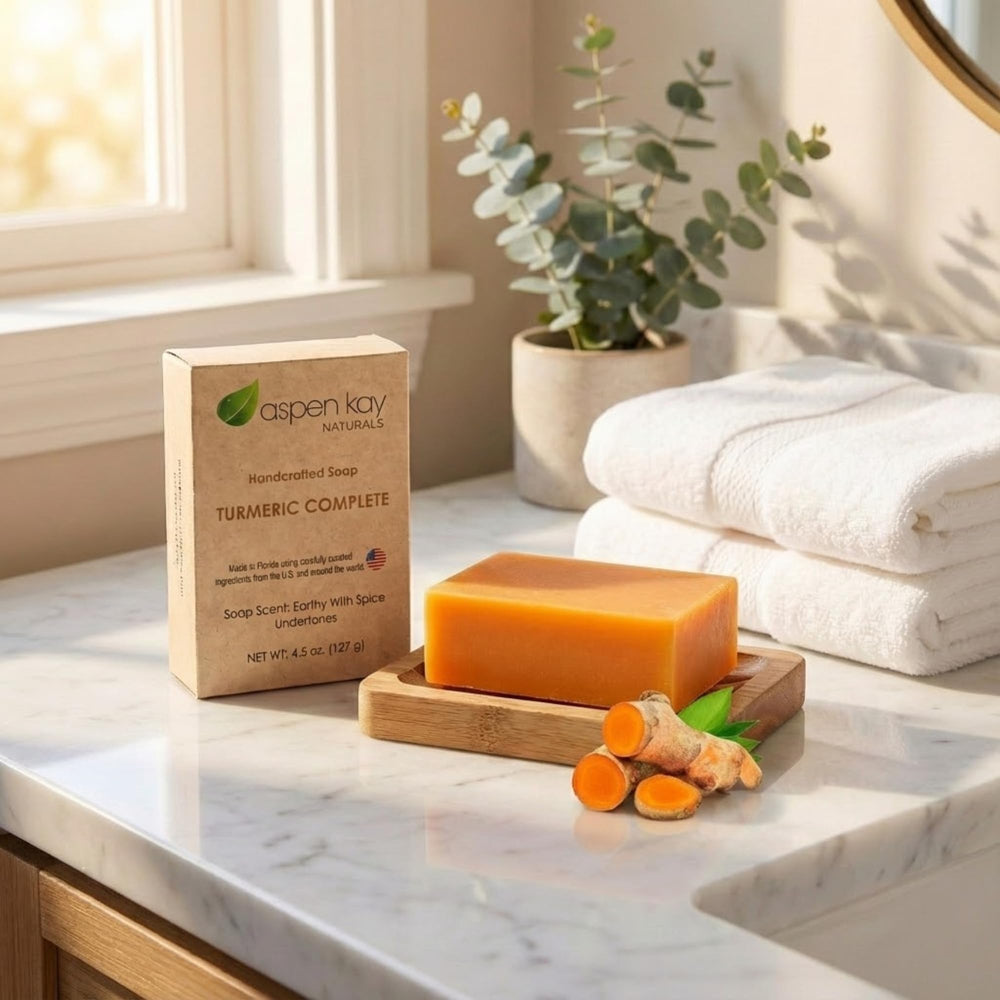 Aspen Kay Naturals soap placed in a bathroom setting conveying natural self-care