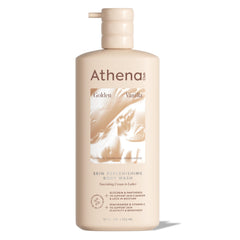 Athena Club front bottle showing golden vanilla scent and nourishing benefits