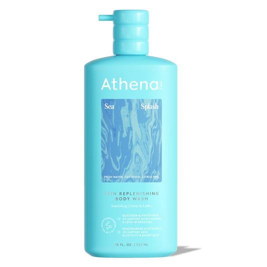 Athena Club front packaging showing bottle and moisturizing benefits