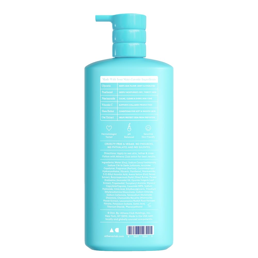 Athena Club label close-up showing sulfate-free and dermatologist-tested claims