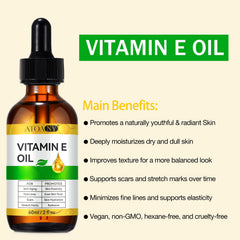 ATOANY bottle close-up label reading vitamin e oil, showing ingredient clarity