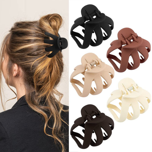 Atoden front view of five matte octopus hair clips showing colors and size benefit