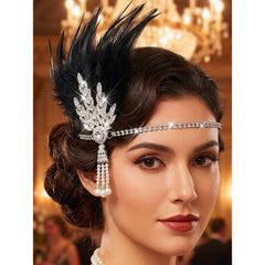 Aukmla front view headdress showing Art Deco leaf and feather elegance and instant glamour