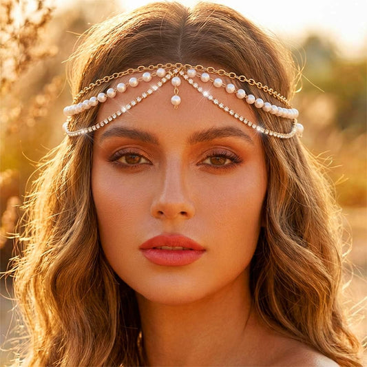 Aukmla gold headpiece front view showing layered pearls and rhinestones for elegance