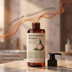 Onion, rosemary and mint ingredients staged with Aultink bottle highlighting botanical blend