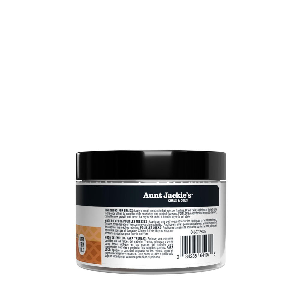 Aunt Jackie's 7.5oz jar next to common items to show compact travel-friendly size