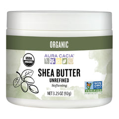 Aura Cacia front jar view showing organic label and travel-friendly size benefit