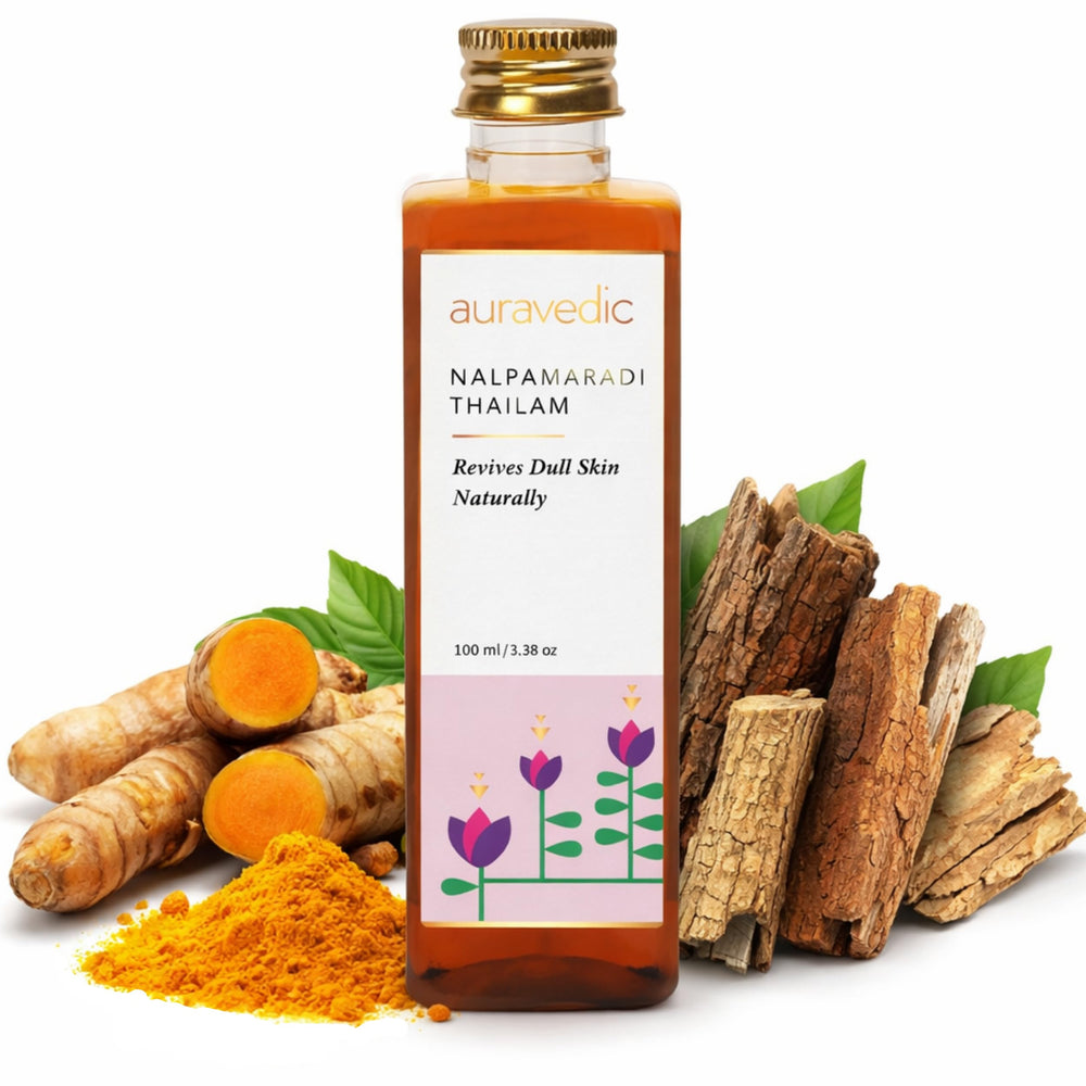 Auravedic bottle front view showing product and nourishing benefits