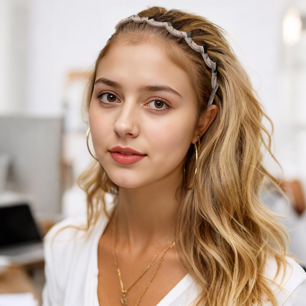 Auseibeely headband on model worn flipped for a sleek, polished everyday hairstyle