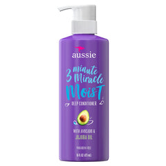 Aussie bottle front view showing label and moisturizing treatment benefits
