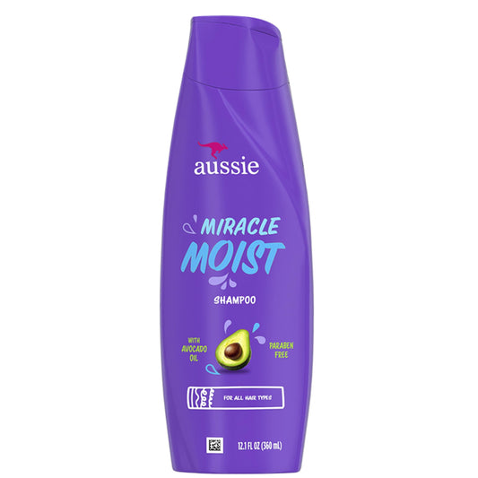 Aussie Miracle Moist shampoo front packaging showing hydration benefits