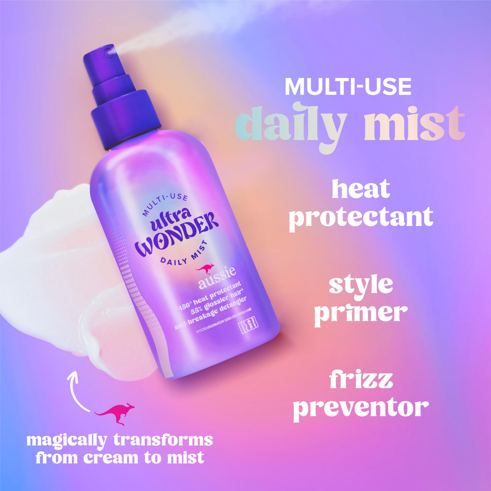 Aussie Ultra Wonder mist close-up showing fine spray and even coverage benefit