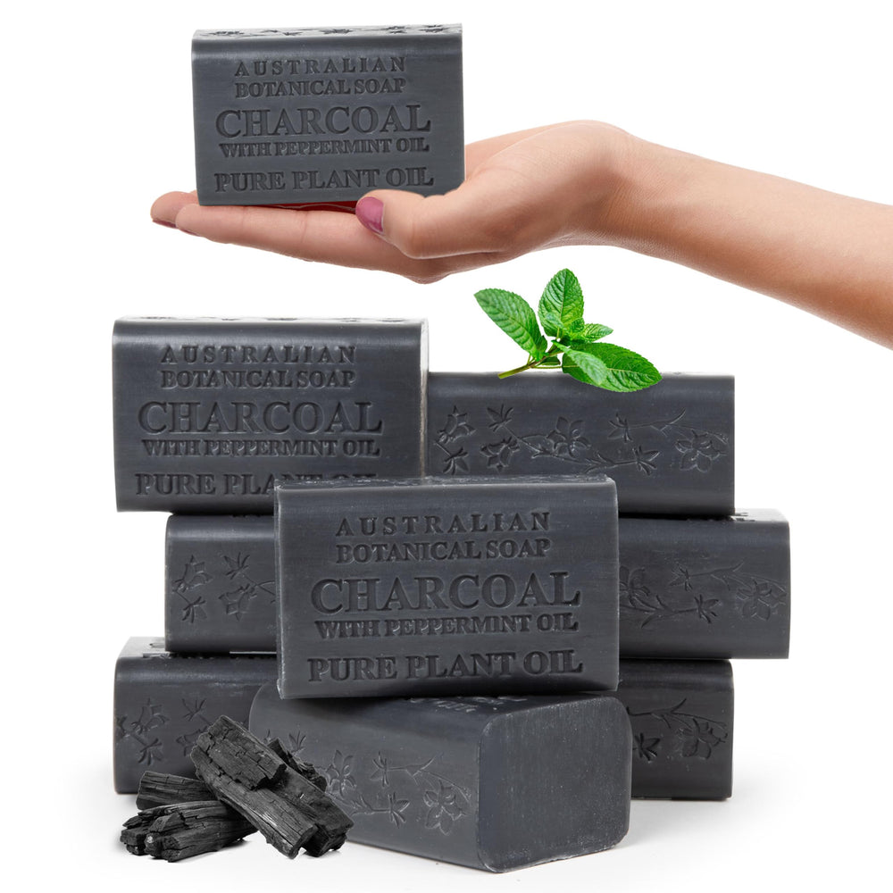 Australian Botanical front packaging showing eight soap bars and brand benefit