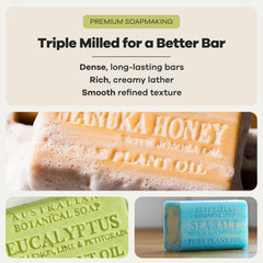australian botanical soap bars lined on a bathroom shelf offering shower variety