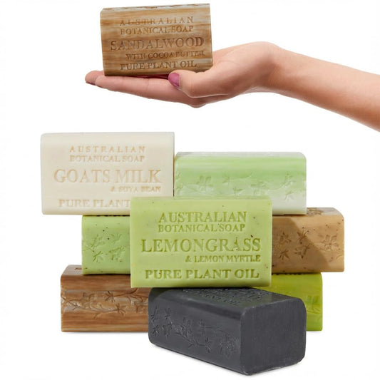 Australian Botanical Soap front packaging showing the eight-bar variety and benefits