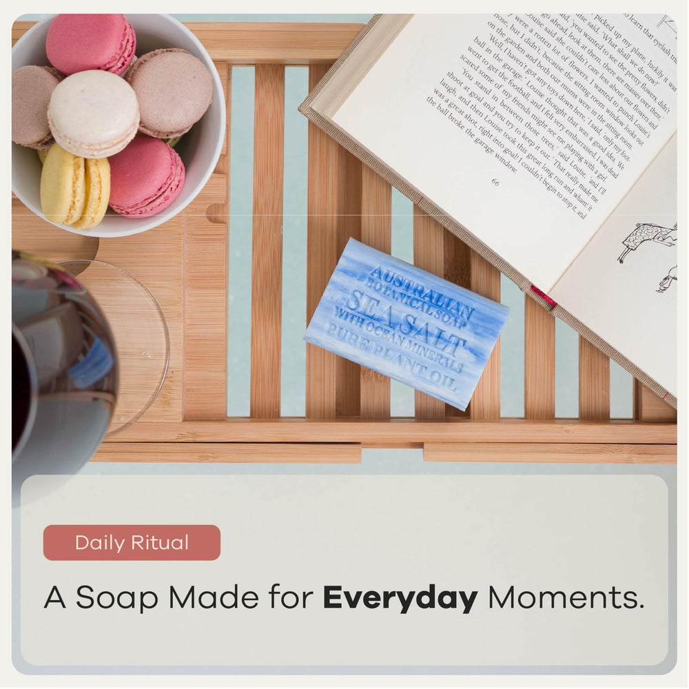 Australian Botanical Soap bar next to towel in bathroom for lifestyle use and freshness