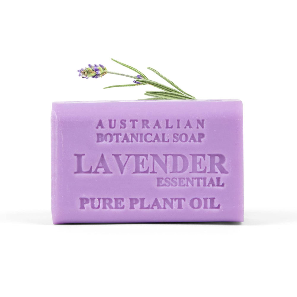 Australian Botanical Soap lavender front packaging showing bar and benefits