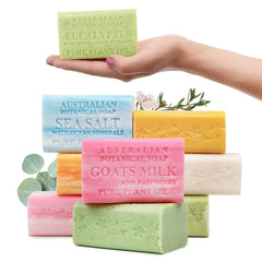 australian botanical soap pack front view showing eight bar variety and sustainable choice