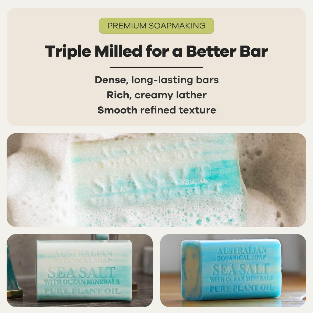 Australian Botanical Soap bar in hand to show 6.6 oz size and lasting capacity