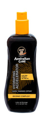 Australian Gold bottle front view showing label and 8 oz size, boosts tanning
