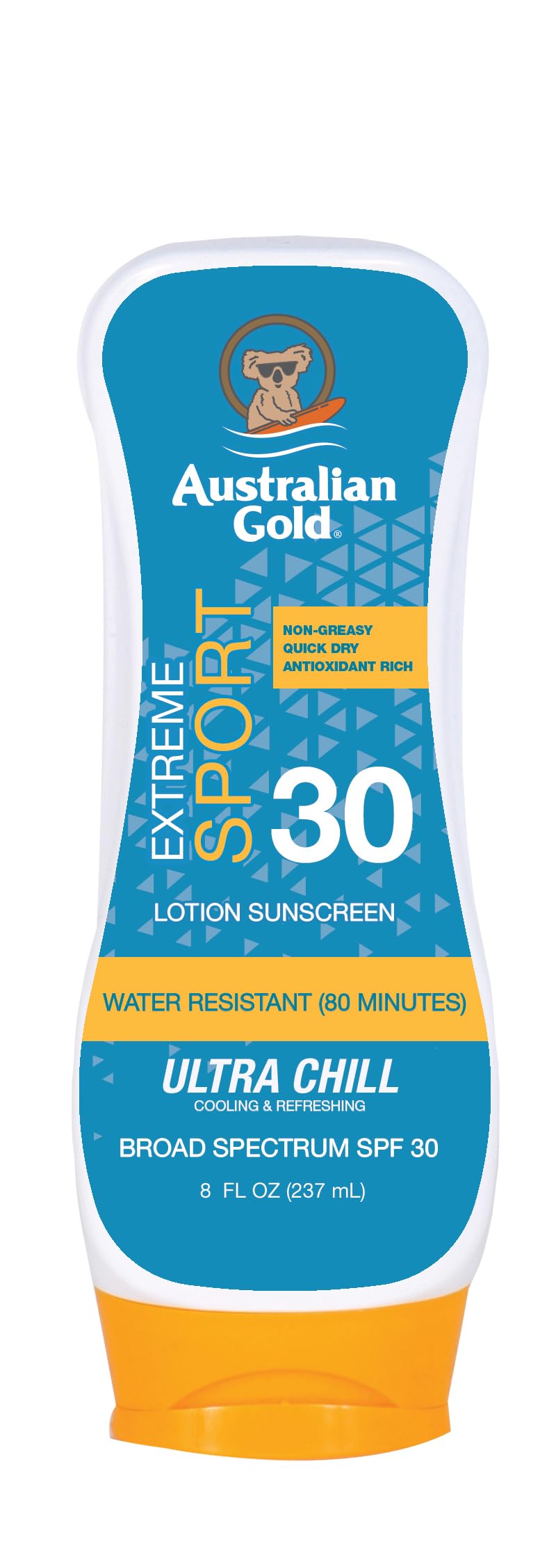 Australian Gold front bottle shot showing SPF 30 protection and active lifestyle benefit